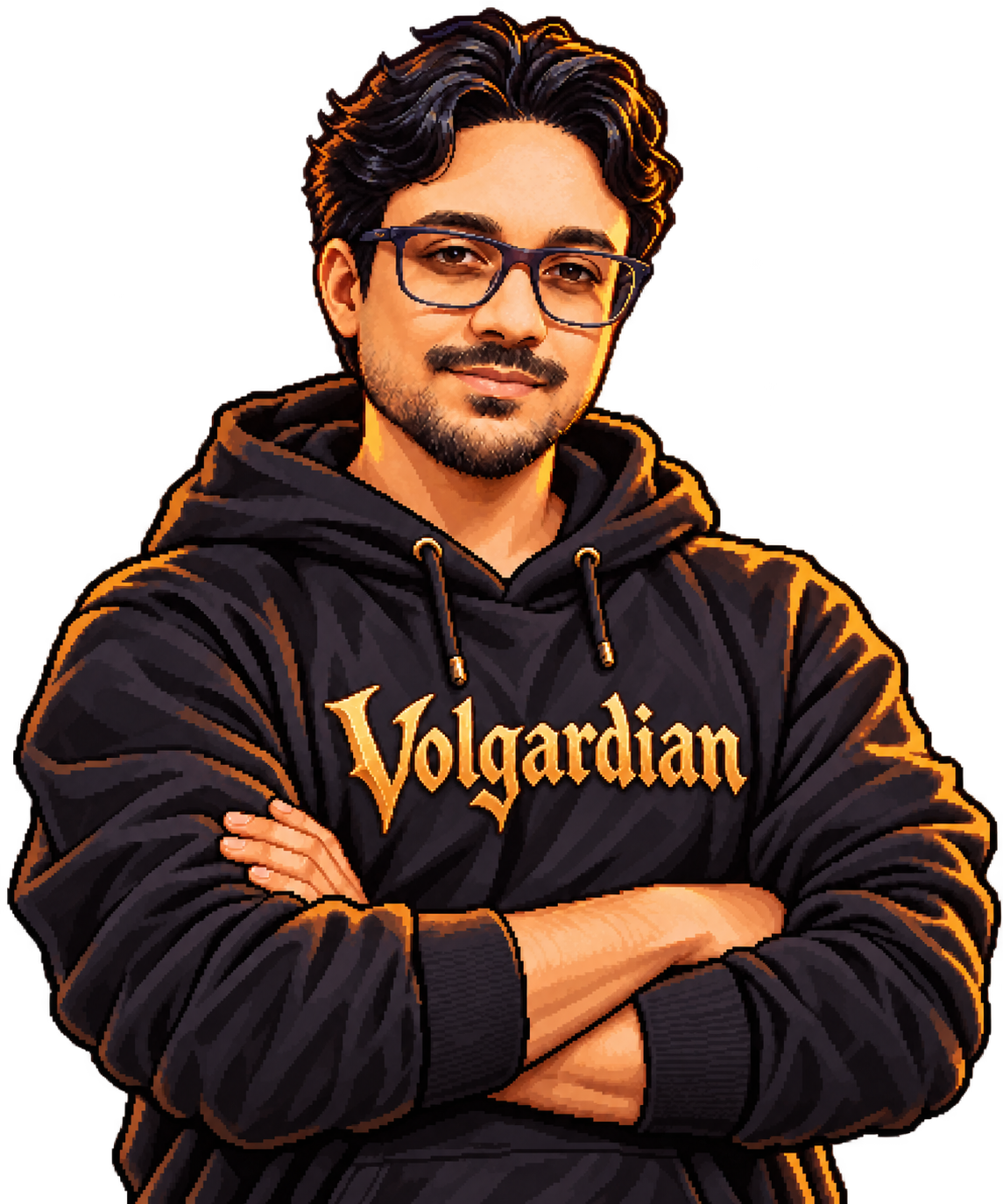 Leonardo Moreno em pixel art, sorrindo e usando um moletom Volgardian